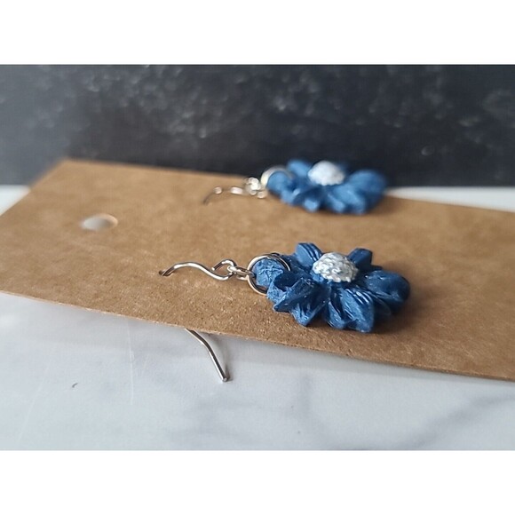 Polymer Clay Blue And Silver Floral Dangling Pierced Earrings New - Picture 5 of 10